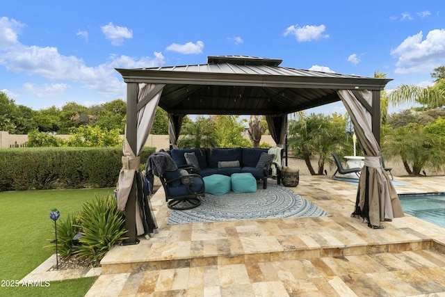 view of patio with an outdoor pool, an outdoor hangout area, a gazebo, and fence