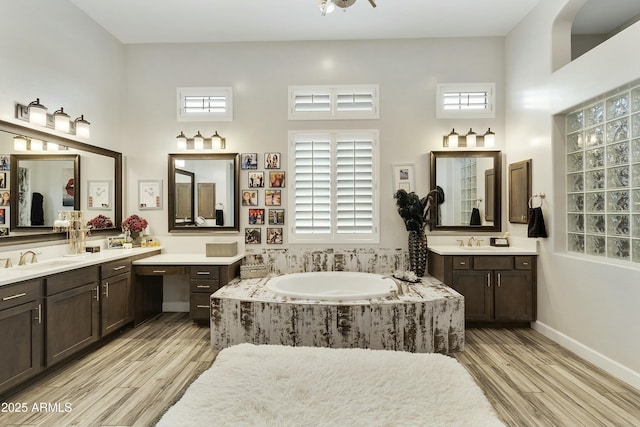 bathroom featuring a bath, wood finished floors, and a sink