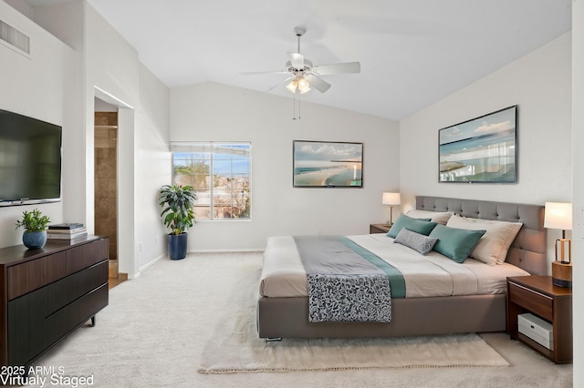 carpeted bedroom featuring lofted ceiling and ceiling fan