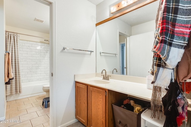 bathroom featuring tile patterned floors, visible vents, toilet, shower / bath combination with curtain, and vanity