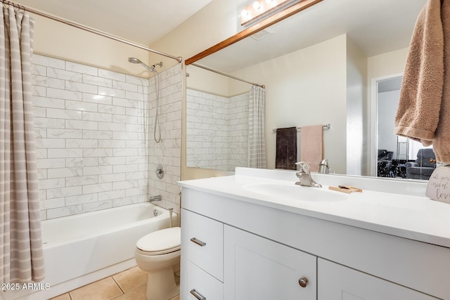 full bathroom with vanity, shower / bathtub combination with curtain, visible vents, tile patterned flooring, and toilet