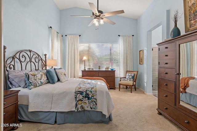 4462 E Dale Ln, Cave Creek, AZ 85331 - bedroom featuring light colored carpet, high vaulted ceiling, a ceiling fan, and baseboards