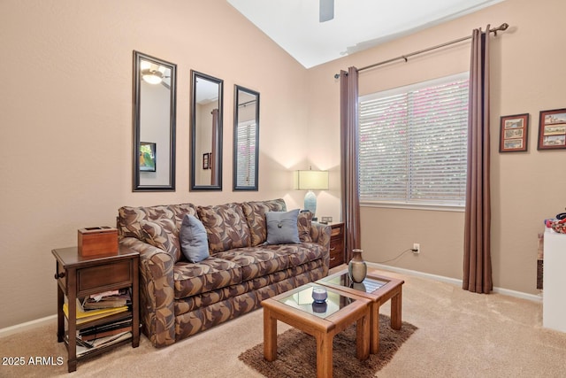 4462 E Dale Ln, Cave Creek, AZ 85331 - living room with lofted ceiling, carpet floors, baseboards, and ceiling fan