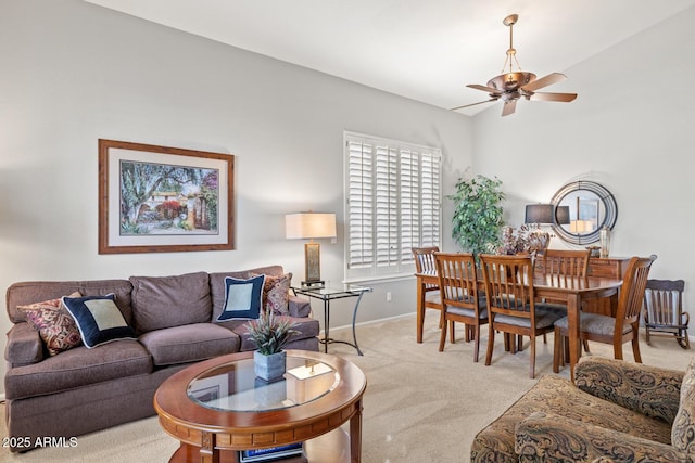 4462 E Dale Ln, Cave Creek, AZ 85331 - living area featuring carpet floors, ceiling fan, baseboards, and vaulted ceiling