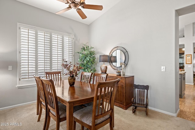 4462 E Dale Ln, Cave Creek, AZ 85331 - dining area featuring a ceiling fan, plenty of natural light, light colored carpet, and vaulted ceiling