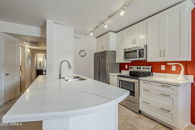 kitchen featuring visible vents, white cabinets, appliances with stainless steel finishes, and a sink