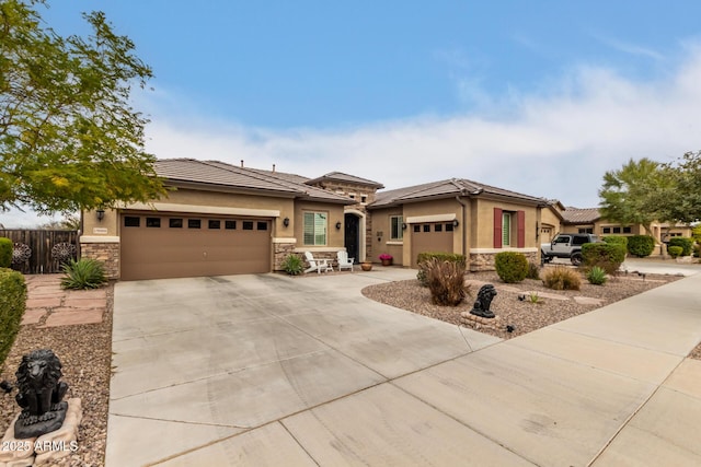 prairie-style house featuring a garage