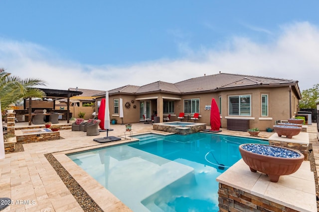 view of pool with a pergola, outdoor lounge area, a patio area, area for grilling, and an in ground hot tub