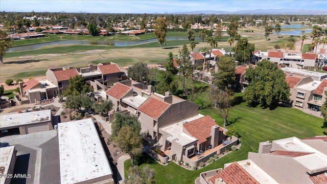 bird's eye view featuring a residential view, golf course view, and a water view