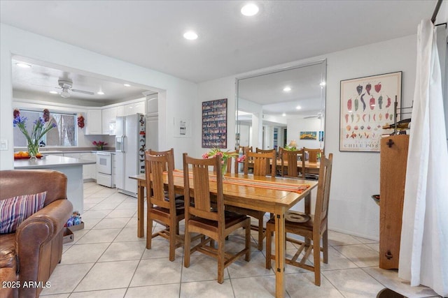 dining space with light tile patterned flooring, recessed lighting, and ceiling fan