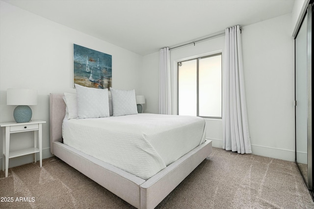 bedroom with carpet flooring and a closet