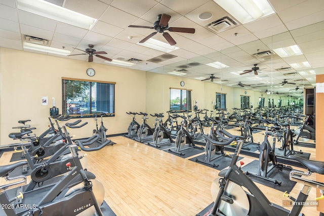 exercise room featuring ceiling fan, a paneled ceiling, and visible vents