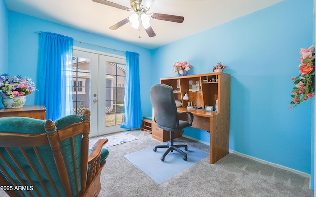office area with french doors, carpet flooring, and a wealth of natural light