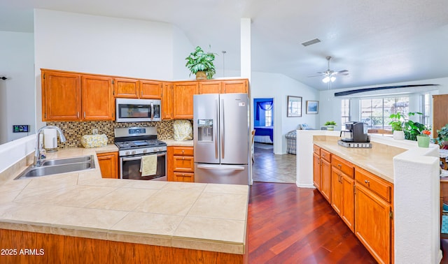 kitchen featuring decorative backsplash, a sink, lofted ceiling, a ceiling fan, and appliances with stainless steel finishes