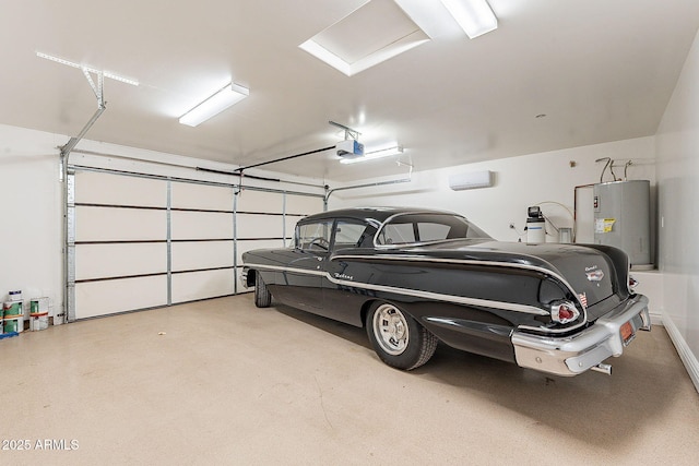 garage with a garage door opener and electric water heater