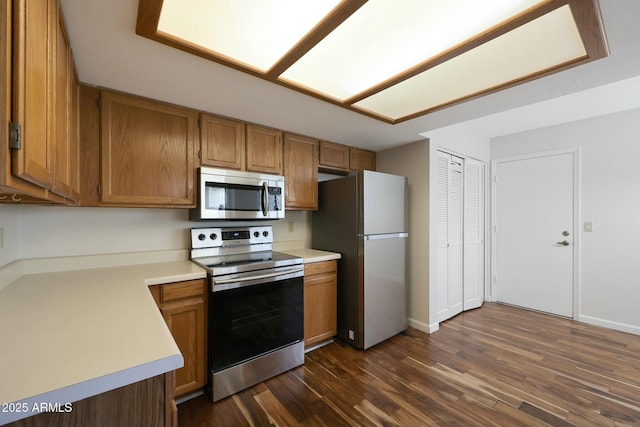 kitchen with dark wood-type flooring and appliances with stainless steel finishes