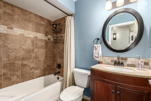 4712 W Juniper Ave, Glendale, AZ 85306 - bathroom with shower / bathtub combination with curtain, vanity, a textured ceiling, a textured wall, and decorative backsplash