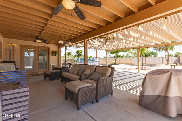 4712 W Juniper Ave, Glendale, AZ 85306 - view of patio / terrace featuring french doors, a ceiling fan, a pergola, outdoor lounge area, and area for grilling