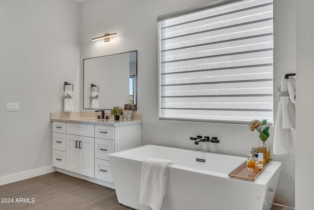 bathroom featuring a washtub, vanity, and hardwood / wood-style flooring