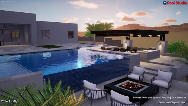 pool at dusk with a fire pit and a patio