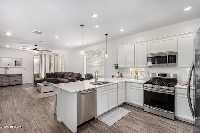 kitchen with a sink, light countertops, stainless steel appliances, open floor plan, and wood finished floors