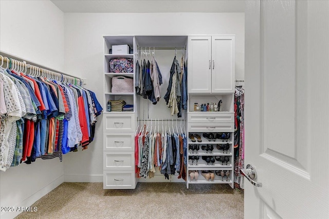 spacious closet featuring light carpet