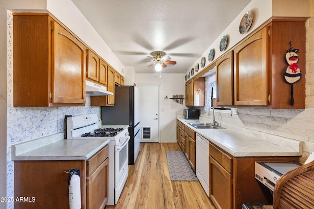 kitchen featuring sink, light hardwood / wood-style flooring, ceiling fan, white appliances, and decorative backsplash