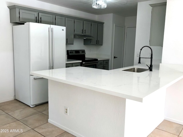 kitchen with sink, light tile patterned floors, electric range, white refrigerator, and kitchen peninsula