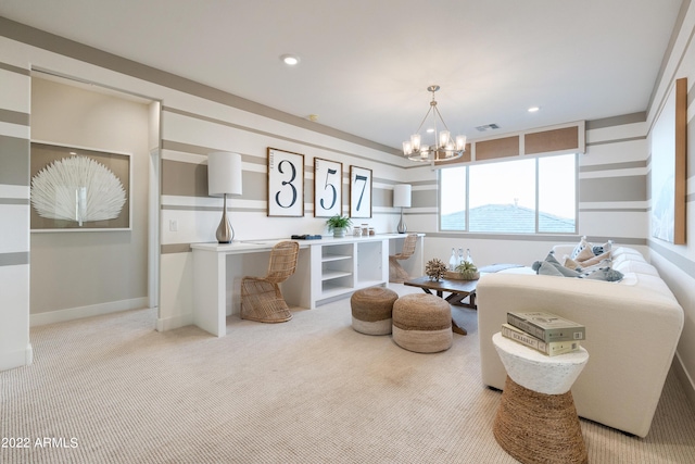bedroom featuring light colored carpet and a notable chandelier