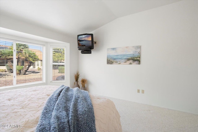 carpeted bedroom with vaulted ceiling