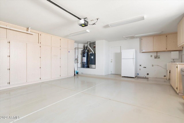 garage featuring a garage door opener, secured water heater, and white fridge