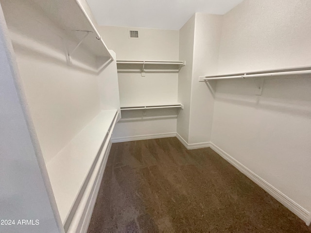 walk in closet with dark carpet