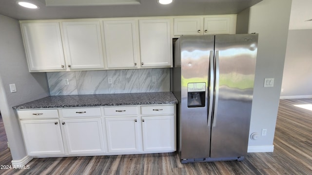 kitchen with white cabinets, stainless steel fridge with ice dispenser, and dark hardwood / wood-style flooring