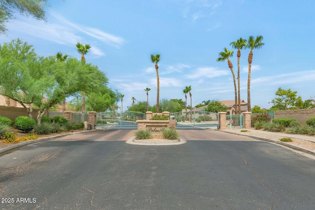 view of road featuring curbs, a gated entry, sidewalks, and a gate