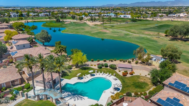 bird's eye view featuring a residential view, a water and mountain view, and view of golf course