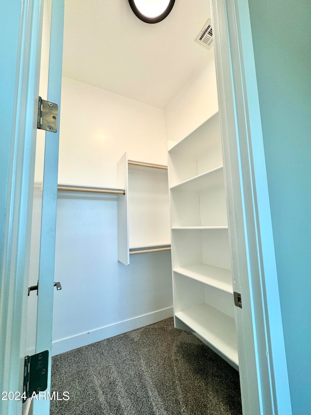 walk in closet featuring dark colored carpet