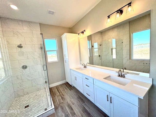 bathroom with vanity, a shower with shower door, wood-type flooring, and a wealth of natural light