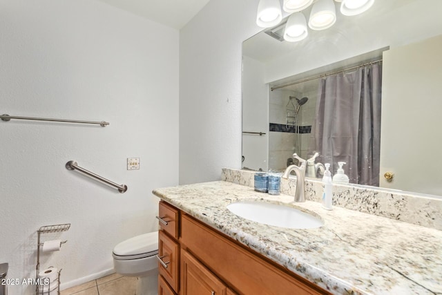 bathroom featuring walk in shower, tile patterned flooring, vanity, and toilet