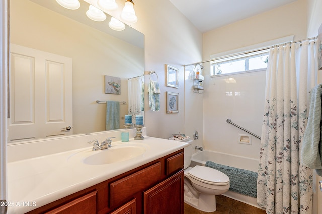 full bathroom featuring shower / bath combination with curtain, vanity, toilet, and a chandelier