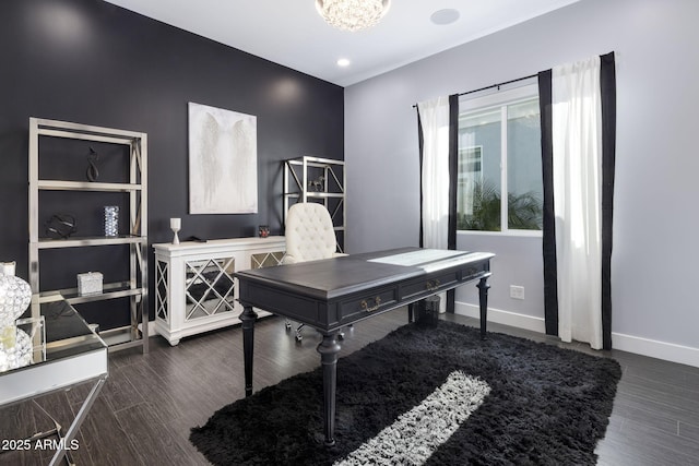 office featuring a notable chandelier and dark wood-type flooring