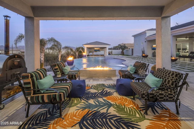 patio terrace at dusk with a gazebo