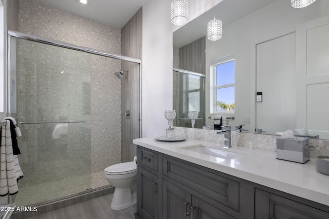 bathroom with a shower with door, vanity, and toilet