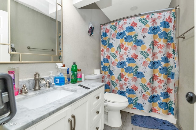 bathroom with a shower with shower curtain, vanity, wood-type flooring, and toilet