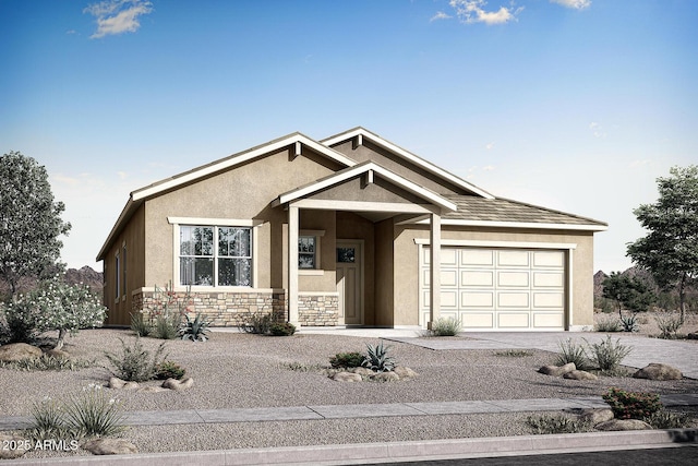 view of front facade with stone siding, stucco siding, an attached garage, and driveway