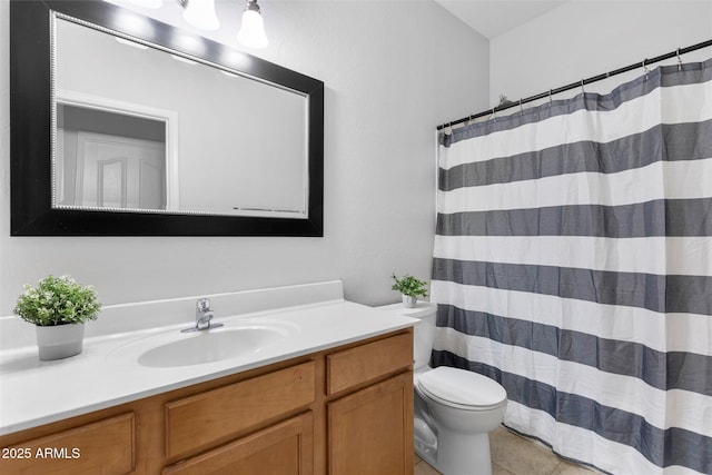 full bathroom featuring vanity, a shower with shower curtain, toilet, and tile patterned flooring