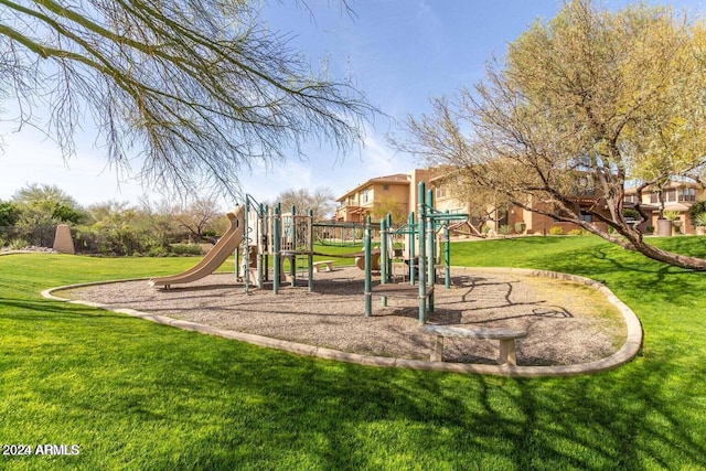 view of jungle gym featuring a yard