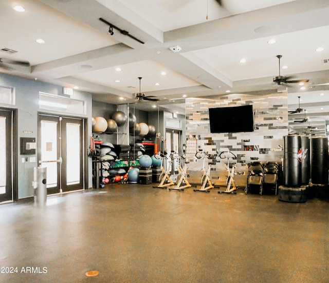 workout area featuring ceiling fan