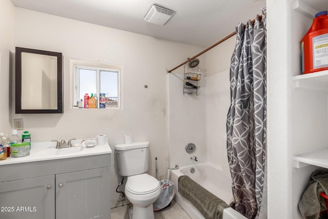 full bathroom with vanity, shower / bathtub combination with curtain, visible vents, tile patterned floors, and toilet