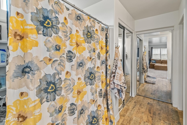 bathroom with wood-type flooring