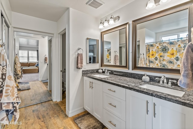 bathroom with wood-type flooring, vanity, and toilet